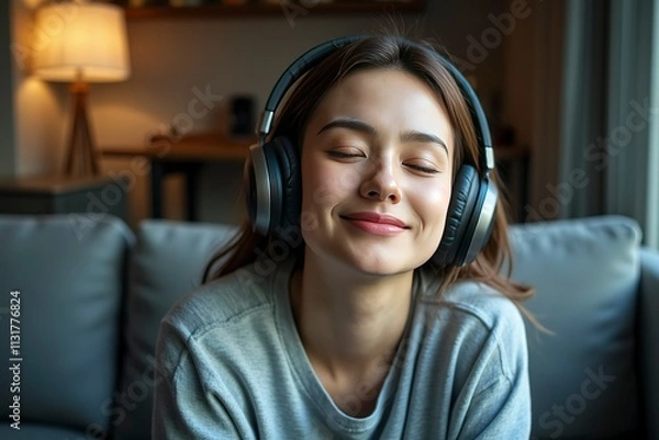 Fototapeta Person relaxing with headphones on, enjoying a moment of solitude and personal entertainment, embracing the power of music to rejuvenate and escape from daily stress.
