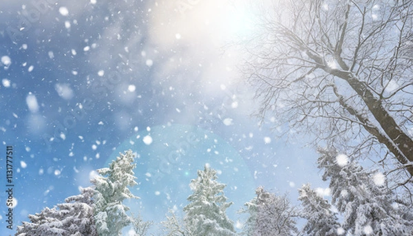Fototapeta 冬の風景　雪が降り積もる森林　見上げた木々と降る雪片と太陽の光の季節の背景　クリスマス・雪山・新年のイメージ
