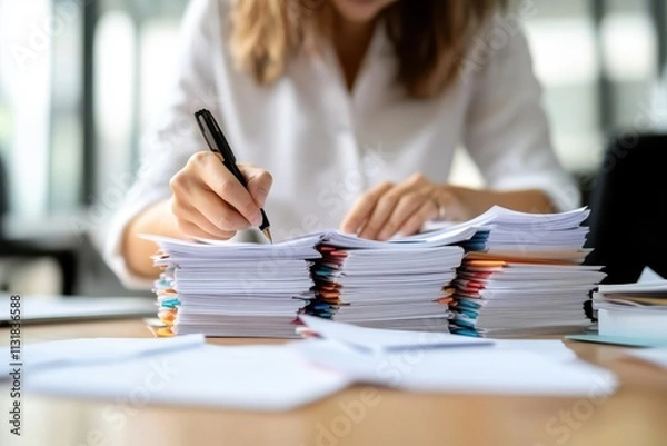 Fototapeta A focused person is organizing stacks of papers in an office setting, symbolizing productivity, diligence, and the craftsmanship of managing a high-volume workload.