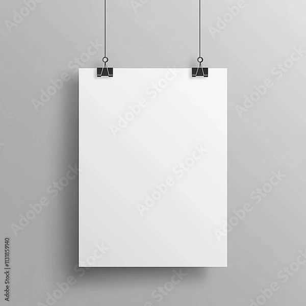 Fototapeta A blank white poster hangs on a gray wall, held by black clips.