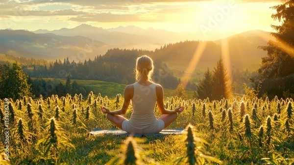 Obraz Serene woman meditating in a sunlit field surrounded by mountains.