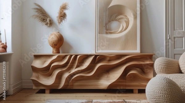 Obraz Scandinavian modern living room interior featuring a wooden carving sideboard with flowing textures and a large mock-up frame in a bright, light-filled space