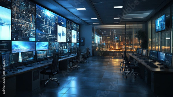 Obraz Military Surveillance Officer Working on a City Tracking Operation in a Central Office Hub