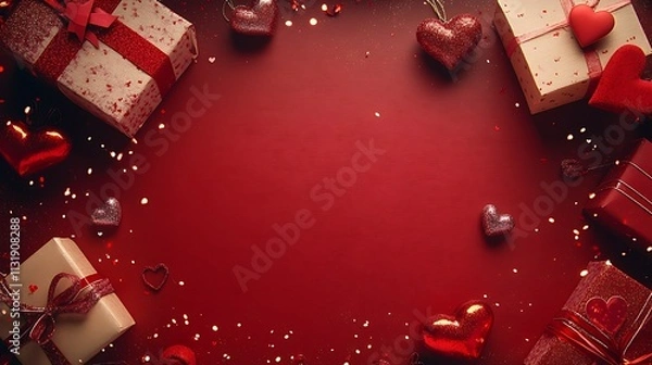 Fototapeta Red Valentine's Day Background and Gift Box with Decorations