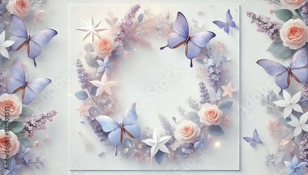Fototapeta a soft and dreamy wedding invitation featuring a lavender butterfly and star wreath on a white background