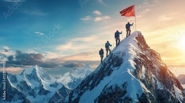 Fototapeta A group of people are standing on top of a mountain, with a red flag in the air