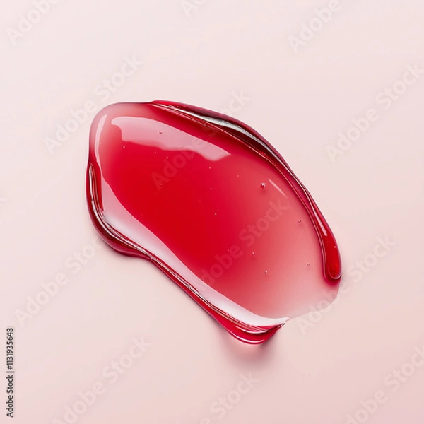 Fototapeta Vibrant red lip tint or kip gloss swatch on a soft pink background. Shiny makeup product texture with glossy finish.