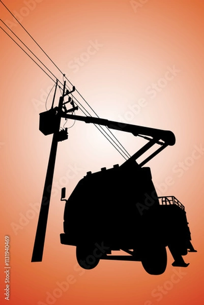 Fototapeta Silhouette of power lineman stand on bucket truck and closing a single phase transformer on energized high-voltage electric power lines.