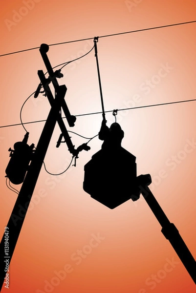 Fototapeta Silhouette of power lineman stand on bucket truck and closing a single phase transformer on energized high-voltage electric power lines.