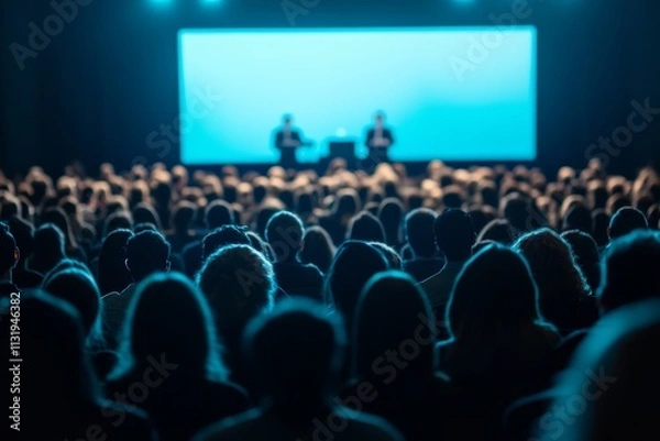 Fototapeta Large audience at a conference listening to speakers on stage with a big screen.