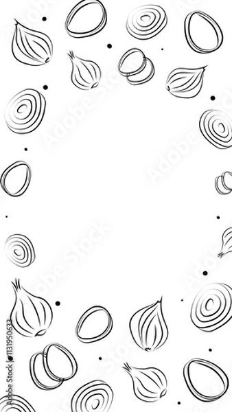 Fototapeta Vector illustration. Juicy vegetable background with copy space for text. Pattern of halves, slices and rings of onion. Sketch style. Hand drawn kitchen ingredients template for culinary themes.