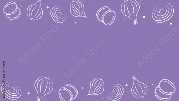 Fototapeta Vector illustration. Juicy vegetable background with copy space for text. Pattern of halves, slices and rings of onion. Sketch style. Hand drawn kitchen ingredients template for culinary themes.