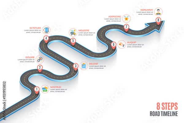 Obraz Isometric navigation map infographic 8 steps timeline concept.