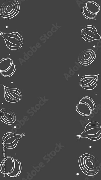 Fototapeta Vector illustration. Juicy vegetable background with copy space for text. Pattern of halves, slices and rings of onion. Sketch style. Hand drawn kitchen ingredients template for culinary themes.