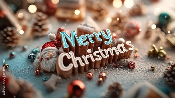 Obraz "Merry Christmas" text in bold typography surrounded by ornaments,  pine branches, and festive decorations in red, white, and gold tones.