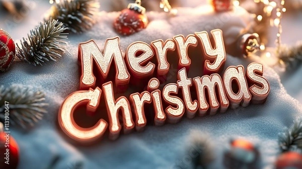 Obraz Christmas composition featuring "Merry Christmas" text, frosted pinecones, golden bows, red ornaments, and soft glowing lights in a tranquil winter forest atmosphere