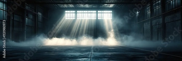 Obraz abandoned industrial warehouse with dark misty atmosphere and dramatic light shafts