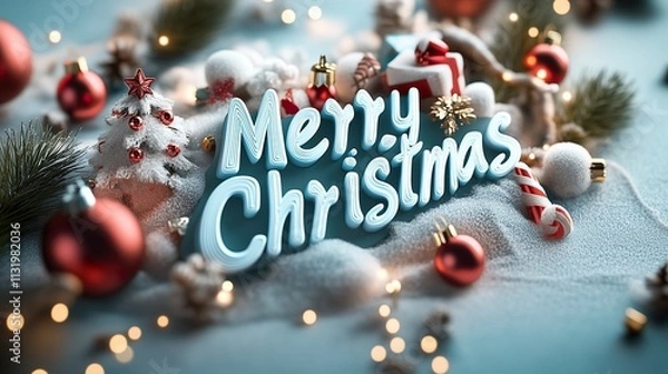 Obraz Christmas-themed flat lay featuring "Merry Christmas" text in bold typography surrounded by ornaments, wrapped gifts, pine branches, and festive decorations in red, white, and gold tones