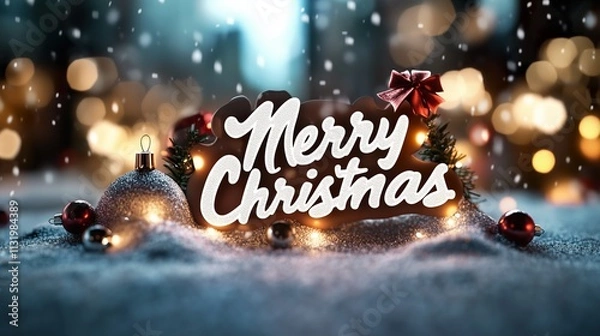 Obraz A cozy Christmas design featuring "Merry Christmas" text, glittery baubles, a red bow, snowy ground, pine accents, and warm bokeh lights in a serene holiday setting