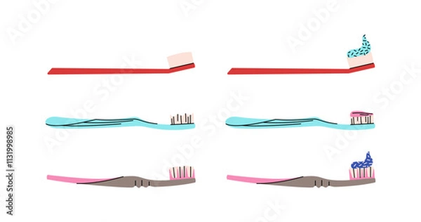 Obraz Collection of toothbrushes and toothpaste on a white background. Dentistry concept, oral care. Different toothbrushes designs with different paste. Teeth cleaning accessories. Colorful vector set