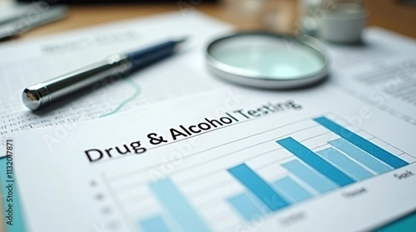 Fototapeta Drug and alcohol testing form with pen and magnifying glass