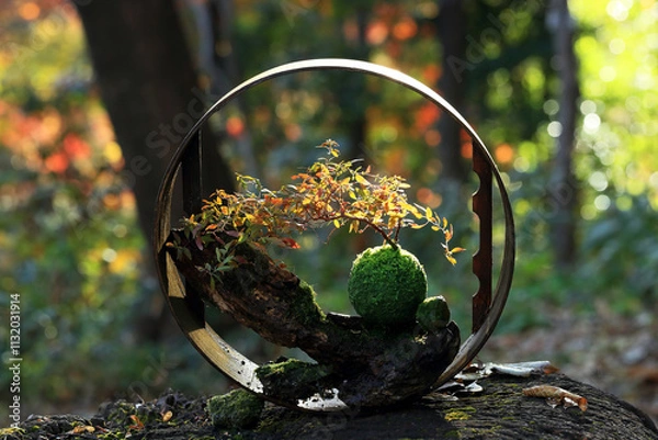 Obraz 苔玉に植え付けたユキヤナギが紅葉した苔盆栽