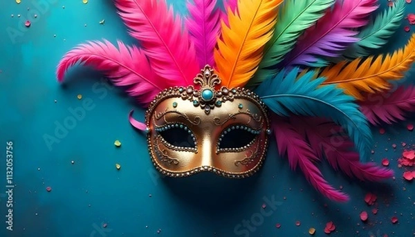 Fototapeta The image is a digital illustration of a carnival mask on a blue background. The mask is gold in color with intricate details and a crown on top.