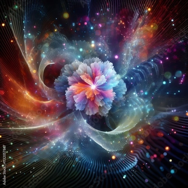 Fototapeta An abstract bloom of digital particles with holographic colors r