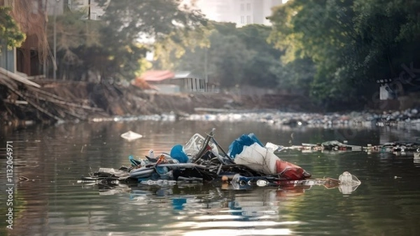 Obraz Plastic trash in the river, environment pollution and ecology concept, plastic hazards and waste