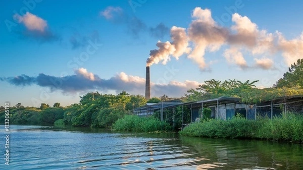 Fototapeta An industrial plant with smokestacks reflects on the surface of a contaminated water body
