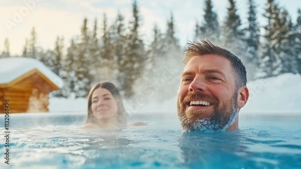 Obraz A bearded man and a smiling woman enjoying a steaming outdoor hot tub in a snowy winter landscape with a wooden cabin and snow-covered trees in the background...