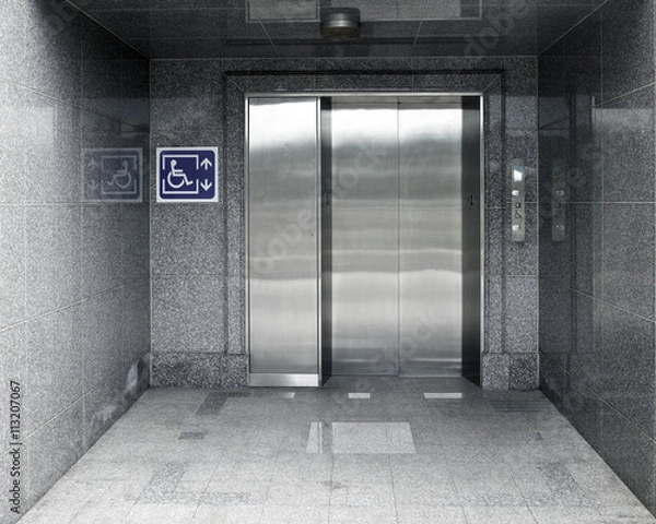 Fototapeta Accessible Elevator with sign and marble structure aisle