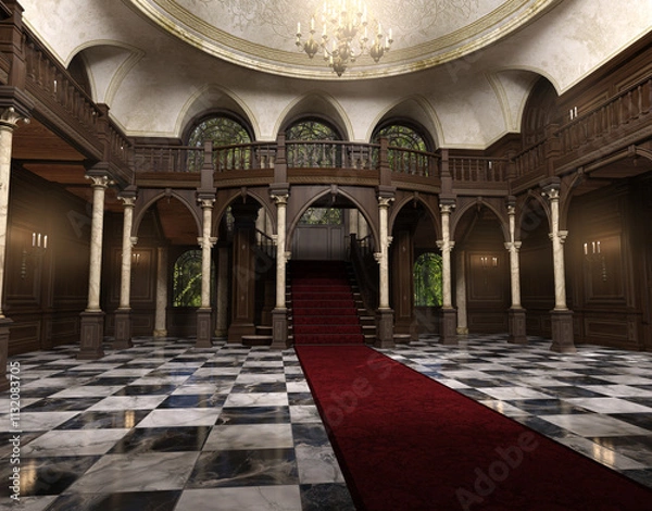 Fototapeta 3d render of an antique luxurious entrance hall with a big staircase and a dark red carpet. No AI used