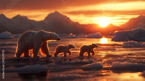 Fototapeta Bear and its cub walking with sunset at background