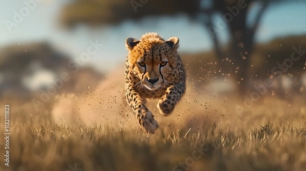 Fototapeta Close-up of cheetah sprinting across a grassy plain