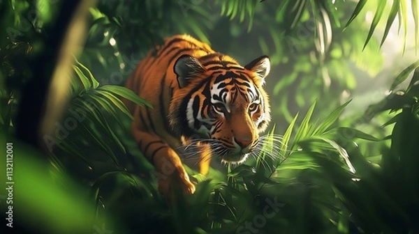 Fototapeta Close up of a Bengal tiger prowling through dense forest