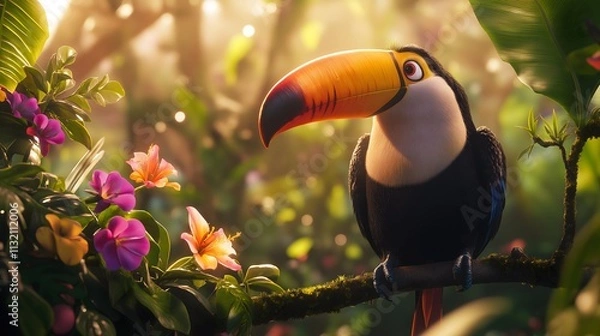Fototapeta Close up of a colorful toucan perched on a tree branch
