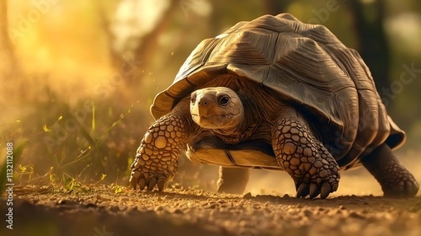 Fototapeta Giant Galapagos tortoise slowly walking on dry terrain