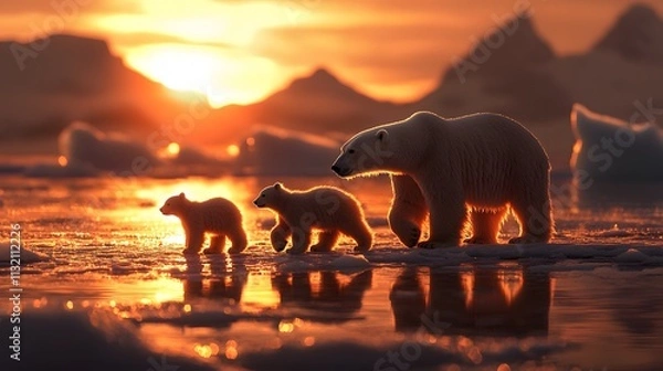 Fototapeta Bear and its cub walking in ice with sunset at background