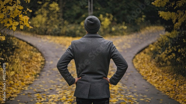 Fototapeta Man Standing at a Crossroads, Deciding Which Path to Take, Decision Making Concept, Two Roads Diverging, Symbolic Choice, Thoughtful Individual Contemplating Direction in Life