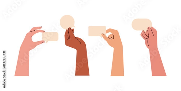 Fototapeta Hands holding speech bubbles in hands set. Holding blank sheets for message, chat. Exchange opinions, ideas with blank cards for communication and feedback. Flat vector illustration isolated on white 