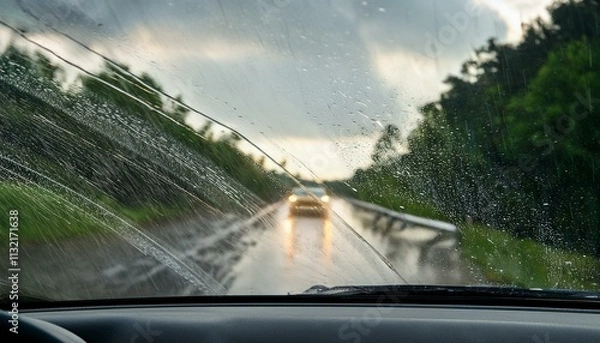 Obraz Rain-streaked windshield view: Approaching vehicle on wet rural road under stormy sky.