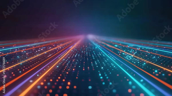 Fototapeta Colorful Light Trails in a Futuristic Digital Background Representing Motion and Technology