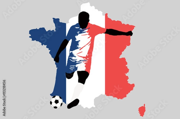 Fototapeta UEFA Euro 2016 vector illustration of football player run hit ball. Flag and map contour of France. Group A participant. Soccer team player in national uniform original colors. France map clip art