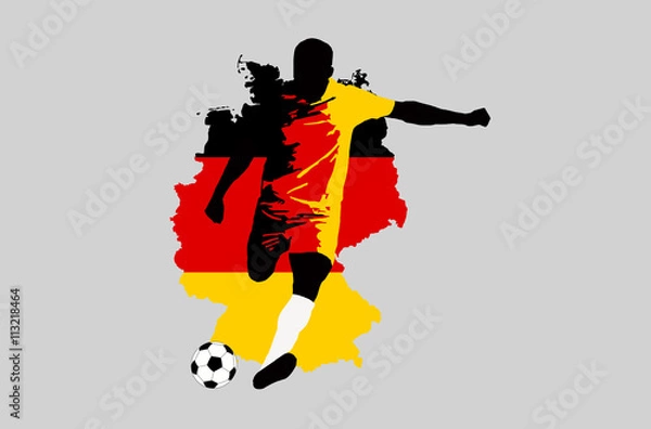 Fototapeta UEFA Euro 2016 vector illustration of football player run hit ball. Group C participant. Soccer team player in uniform with state national flag of Germany original colors. Germany map clip art