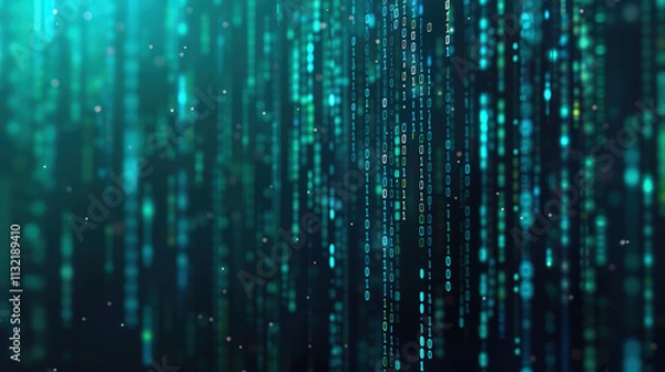 Fototapeta Abstract digital background with glowing binary code streaming down in bright teal and green hues