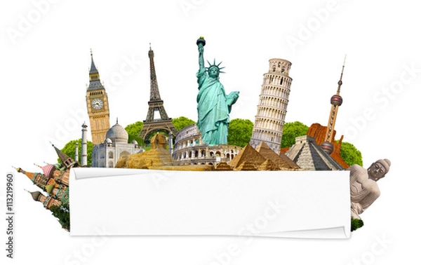 Fototapeta Słynne zabytki świata z czystą rolką papieru
