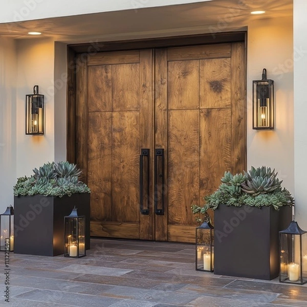 Fototapeta Double wooden doors with a matte finish, surrounded by succulent-filled planters and soft lantern lights.