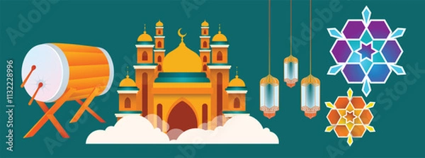 Obraz Ramadan Kareem. Islamic design vector template with. Poster, banner media. A set of vector illustrations.