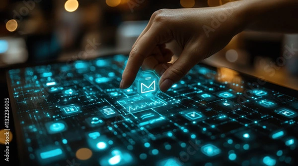 Fototapeta Digital Touchscreen Interface: Hand touching document icon on virtual screen